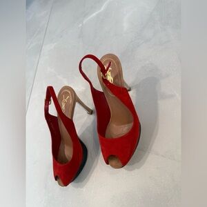 Yves Saint Laurent Red Suede Slingback Peep-Toe Heels | YSL Paris | Size 35